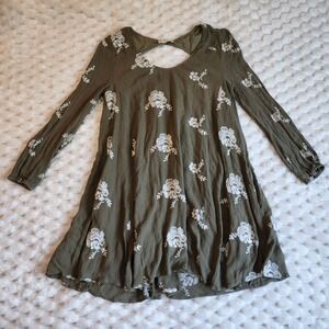 Altard State Olive Green Floral‎ Embroidered Long Sleeve Mini Dress